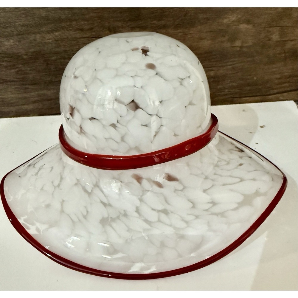Vintage Hand Blown Art Glass Hat Bowl White Mottled Red Trim Polished Pontil